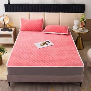 Thicken Velvet Quilted Bed Cover Quick Warm Coral Fleece Quilting Mattress Cover