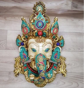 Ganesha Maske 16 Zoll mit Edelstein Arbeit Wandhänge Skulptur Wanddekor religiös - Bild 1 von 4
