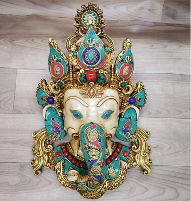 Ganesha Mask 16" with Gemstone Work Wall hanging Sculpture wall Decor Religious - Image 1 of 4