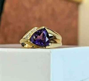 2CT Trillion Cut Lab-Created Amethyst Diamond Men's Ring 14k Yellow Gold Plated - Picture 1 of 5
