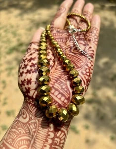 Electroplated Metallic Golden Rondelle Faceted Glass Bead Mala Necklace, 17"+ - Picture 1 of 8