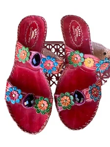 Spring Step "ambrosia" " red Leather open back toe sandal floral size 6 1/2 - Picture 1 of 9