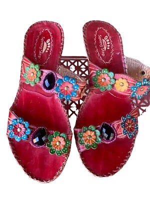 Spring Step "ambrosia" " red Leather open back toe sandal floral size 6 1/2 - Image 1 of 4