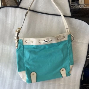 Borsa a tracolla donna Isaac Mizrahi blu turchese tela con coulisse borsa S - Foto 1 di 5