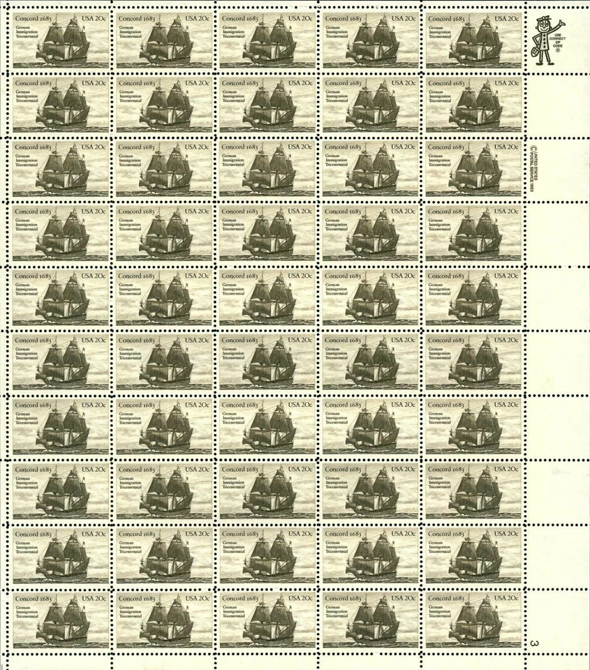 US - Germany Concord Ship Sheet of Fifty 20 Cent Postage Stamps Scott 2040 - Image 1 of 1