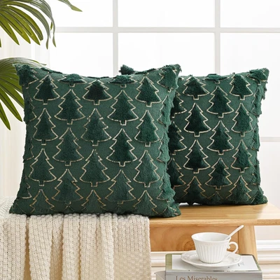 Juego de 2 fundas de almohada de Navidad de 18x18 pulgadas con lentejuelas de felpa verde oscuro decoración navideña Foto 1 de 4