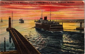 USS Milwaukee Clipper leaving Harbor at Sunset Muskegon Michigan Postcard D905 - Picture 1 of 2