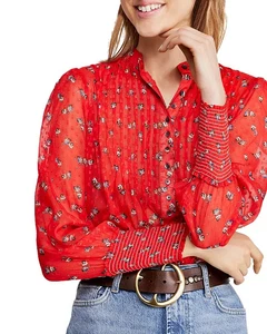 Free People Flowers in December Pintucked Blouse Top Sheer Long Sleeves Size XL - Picture 1 of 10