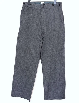 New 40s Buckle Back Grey Striped Woven Cotton Work Pants SAVO W35 Made in France - Image 1 of 4