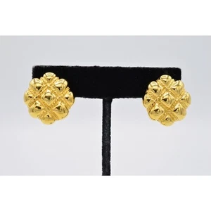 Monet Vintage Clip On Earrings Quilted Polished Gold Chunky Signed 1980s NOS - Picture 1 of 9