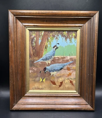 VTG Artist Signed R. Rudolph Framed Original Oil Painting Quails Trees Butterfly - Image 1 of 4