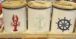 Nautical Kitchen Tin Canister Set With Wooden Tray & Tops-See Pics! Great Design - Picture 1 of 17