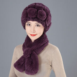 Pretty Women's Winter Fur Hat and Scarf Sets Women Real Rabbit Beanies Cap