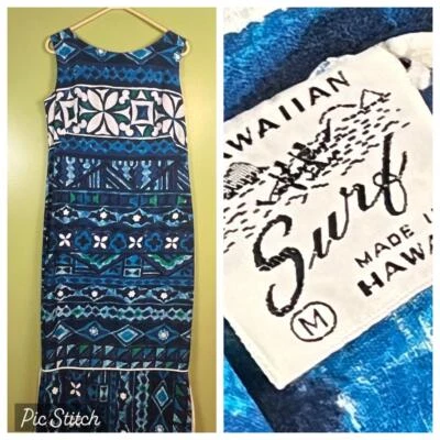 Vestido havaiano vintage anos 60 por Hawaiian Surf tamanho médio azul floral barra pano longo - Imagem 1 de 4