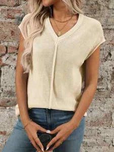 Women's V-Neck Short Sleeve Knit Top - 6 Colors - S-XL - Picture 1 of 44
