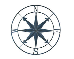 Blue Distressed Metal Indoor Outdoor Compass Large Wall Hanging Mounted 28 Inch