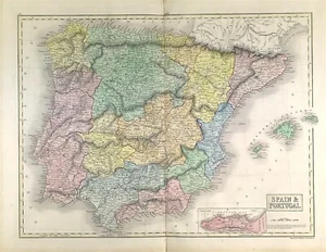 mapa España y Portugal Salón Sidney original color mano pared grande 1840 - Imagen 1 de 4