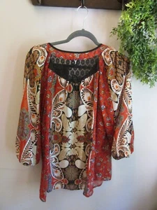 Ladies New Directions Red Black Paisley Tunic, Black Lace Inset Large - Picture 1 of 5