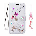 Women PU Leather Wallet Case with Strap Bling Diamond Flower Phone Cover Pouch
