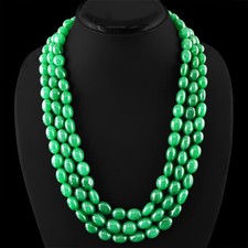 FINEST 845.00 CTS EARTH MINED 3 STRAND RICH GREEN EMERALD OVAL BEADS NECKLACE