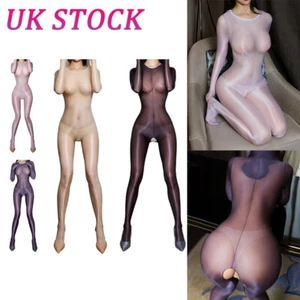 UK Womens Sheer Oil Glossy Bodystockings Long Sleeve Bodycon Bodysuits Jumpsuit - Picture 1 of 52