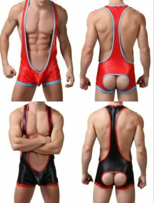 Men Jumpsuit PU Leather Open Butt Wrestling Singlet Mankini Bodysuit DS Costumes - Image 1 of 4