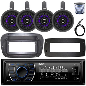 Pyle 1-DIN Marine Receiver W/Kit + Adapter, 4x 4" Wakeboard LED Tower Speakers - Picture 1 of 7