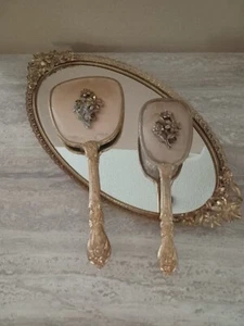 70s Vanity Set, Oval Mirror Tray, Hair Brush, Hand Mirror, Antique Gold Finish, - Picture 1 of 8