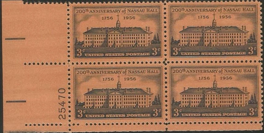 Plate Block of 4 stamps - Scott 1083 - 3 cent - Nassau Hall - 1956 - MNH - Image 1 of 1