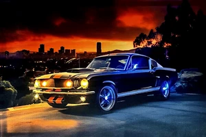 LED Bild leinwandbild LED Bilder Leuchtbild Mustang digital Route 66 / US CAR - Bild 1 von 7