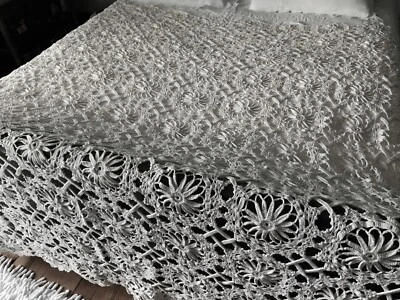 Linge Ancien Couvre Lit Mariage Dentelle Rosaces 4 Côtés Festonnés - Photo 1/4