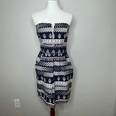 ANTIX Made In Brazil Strapless Batik Dress Sz S/M BodyCon Zipper Navy Lt Pink - Image 1 of 4