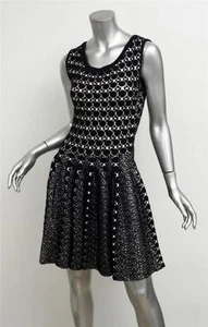 ALAIA Black+Cream Boucle Knit Polka-Dot Sleeveless Fit+Flare Skater Dress S - Picture 1 of 5