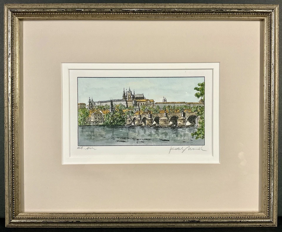 Pintura acuarela paisaje urbano firmada enmarcada vintage “Puente de Carlos en Praga” Foto 1 de 4