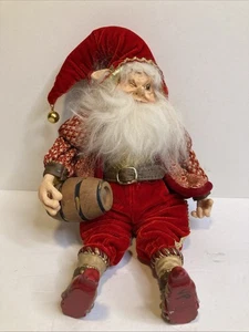 Zwinkernde Elfe Santa Puppe Weihnachten beweglich rot gold hält Fass 11,5" - Bild 1 von 4