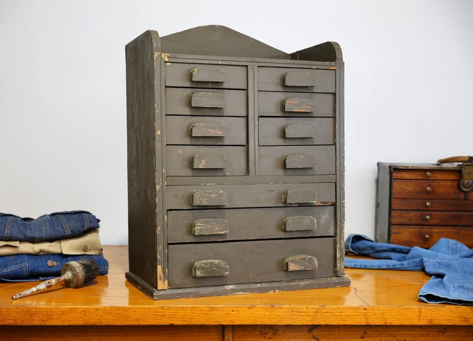 Старинный аптекарский шкаф деревянный ящик для инструментов ящик часовщика набор винтажный зеленый - Изображение 1 из 4