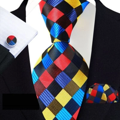 Juego de gemelos clásicos a cuadros rojo amarillo jacquard seda para hombre corbata pañuelo Foto 1 de 4