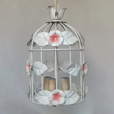 ВИНТАЖНАЯ ИТАЛЬЯНСКАЯ ЛЮСТРА В КЛЕТКЕ ДЛЯ ПТИЦ ПОТОЛОЧНЫЙ СВЕТИЛЬНИК 3 ЛАМПЫ РОЗОВЫЕ ЦВЕТЫ - Изображение 1 из 4