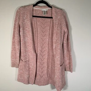 Max Studio Cardigan Youth Large Pink White Knit Open Front Long Sleeve - Picture 1 of 7