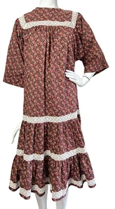 Vintage 70's Calico Prairie Dress Tiered Midi 3/4 Batwing Lace Trim Brown M-L - Picture 1 of 12