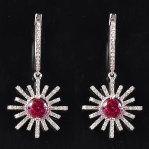 Solid 14K White Gold Natural Diamond Red Ruby Dangle Charm Earrings Length 32mm - Picture 1 of 7