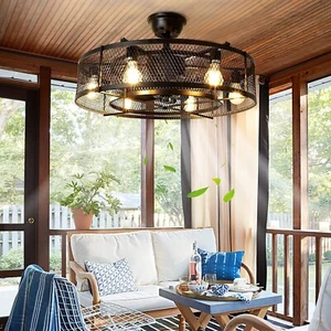 Big Farmhouse Ceiling Fan: 26 Inch, Caged Light, Remote APP, Indoor Outdoor Use - Picture 1 of 13