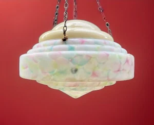 Vtg 30s Art Deco SAUCER MARBLED GLASS Ceiling LIGHTSHADE+Anti Flycatcher +Chain - Picture 1 of 11