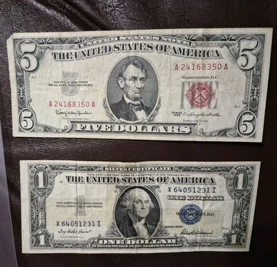 USA 5 DOLLAR NOTE FROM 1963 A 24168350 A & 1  Dollar Series 1935 F Lot Of 2 - Image 1 of 4