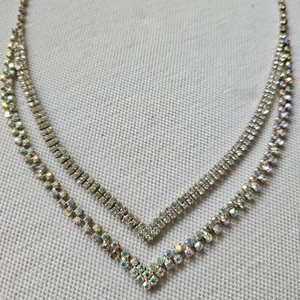 Vintage Delicate V Shaped A&B and Rhinestone Layered Necklace - Picture 1 of 8