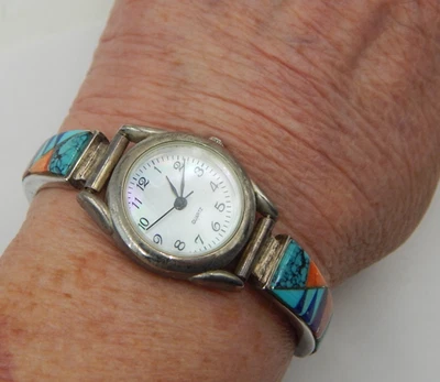 Native American Signed Sterling Silver Quartz Watch with Multi-Stones Inlaid - Image 1 of 4