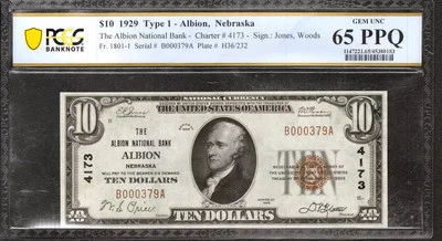 1929 $10 ALBION NATIONAL BANK NOTE FR.1801-1 NEBRASKA PCGS GEM UNC 65 PPQ (379A) - Image 1 of 2