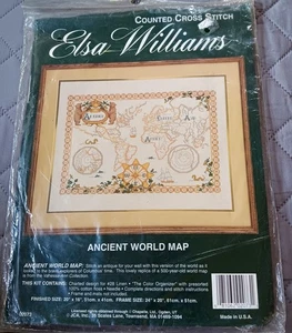 Kit punto croce Elsa Williams antica mappa del mondo su lino nuovo - Foto 1 di 3