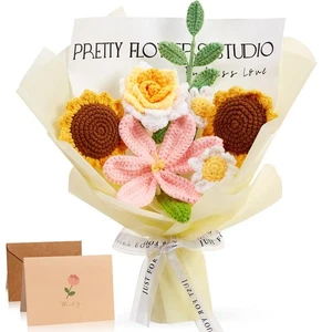 Yellow Crochet Flower Bouquet Crochet Sunflowers Tulips Roses Handmade Knitte... - Picture 1 of 6