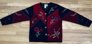 Cardigan COLDWATER CREEK foderato lana cotta toppa floreale rosso blu nero SML - Foto 1 di 7